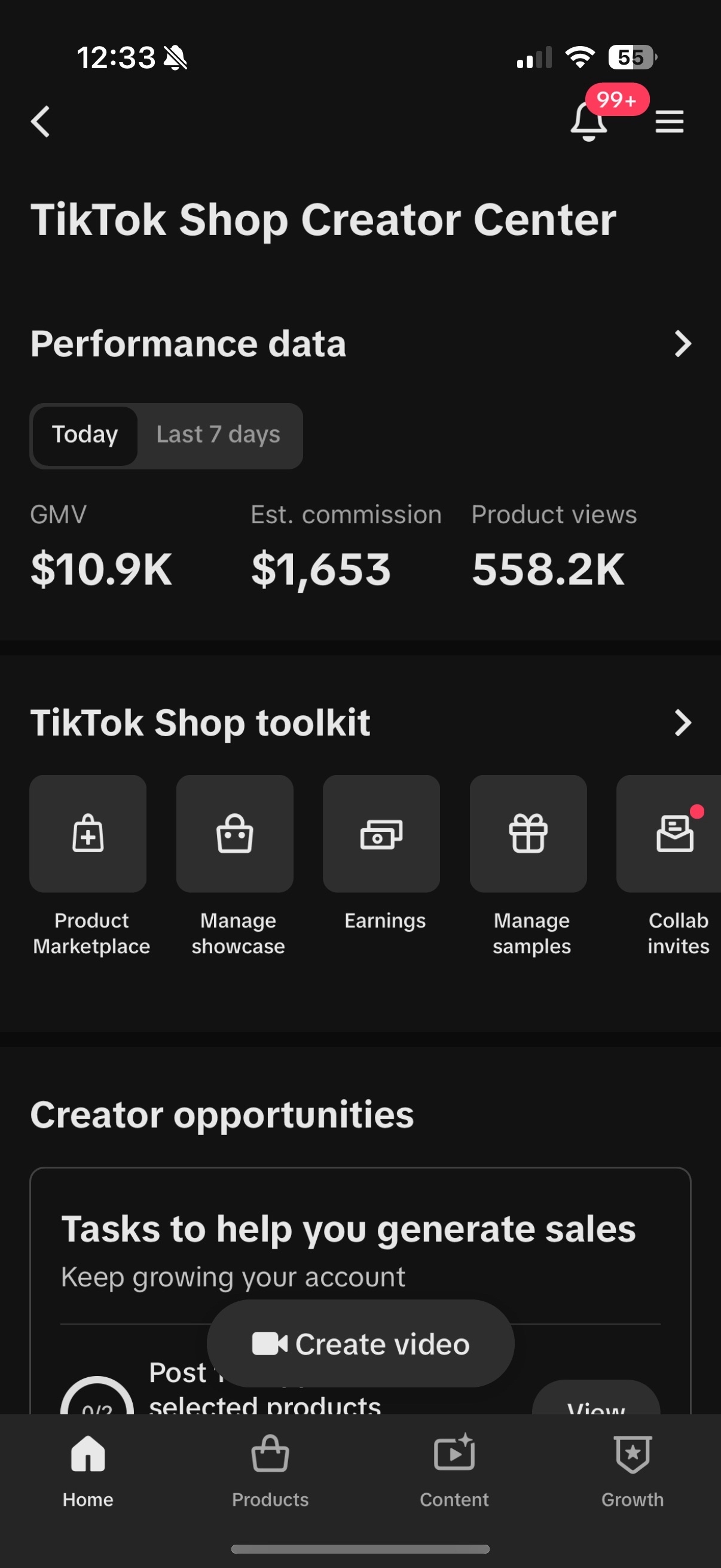TikTok Shop success metrics showing $10.9K GMV